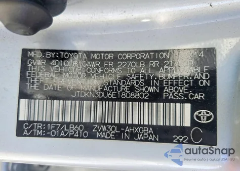 2014 Toyota Prius из США, поврежденный, VIN JTDKN3DU6E1808802